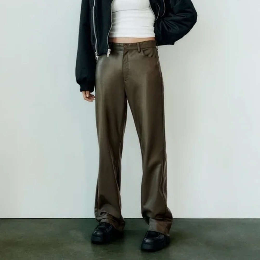 NWT Zara Full Length Faux Leather Pants in Khaki Size L